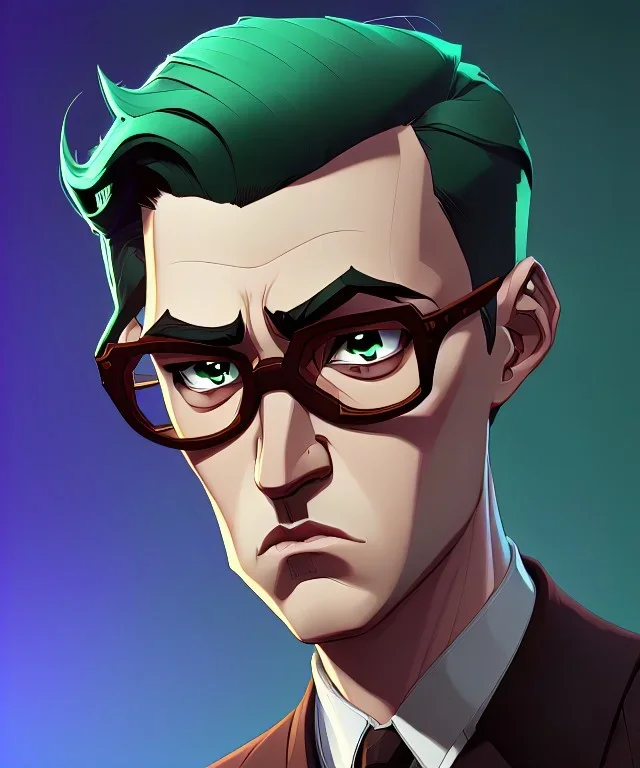 Fit man in round glasses, wavy hair, stubble, slim, tie, monotone, green eyes, comic book style, two tone colours, detailed, ink, realistic, handsome, square jaw, big brows, no jacket, bird on the shoulder, spotlight