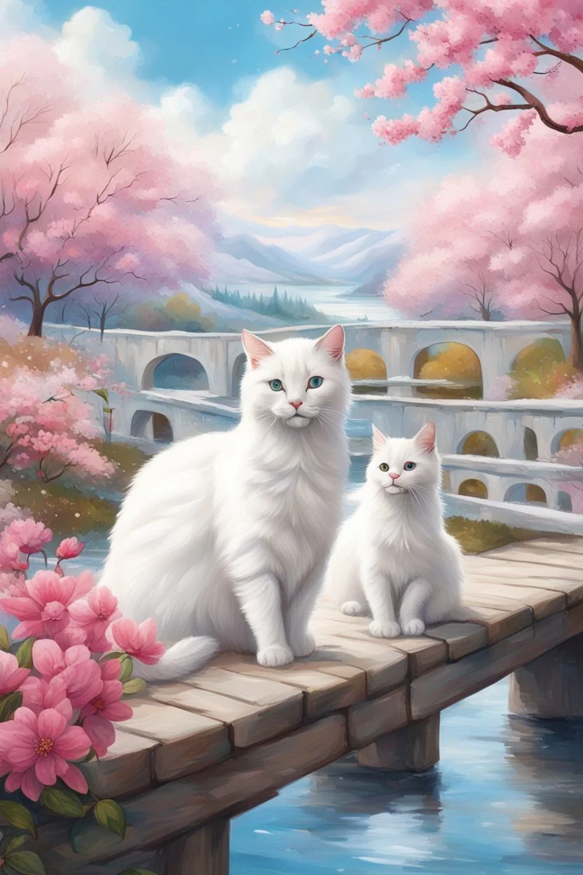 in the center: beautiful chunky white cats playing on a bridge , background: landscape, first plan: pink flowers and a small river with blue water, sky: white clouds with more cats sitting on them, season: winter and snowfall