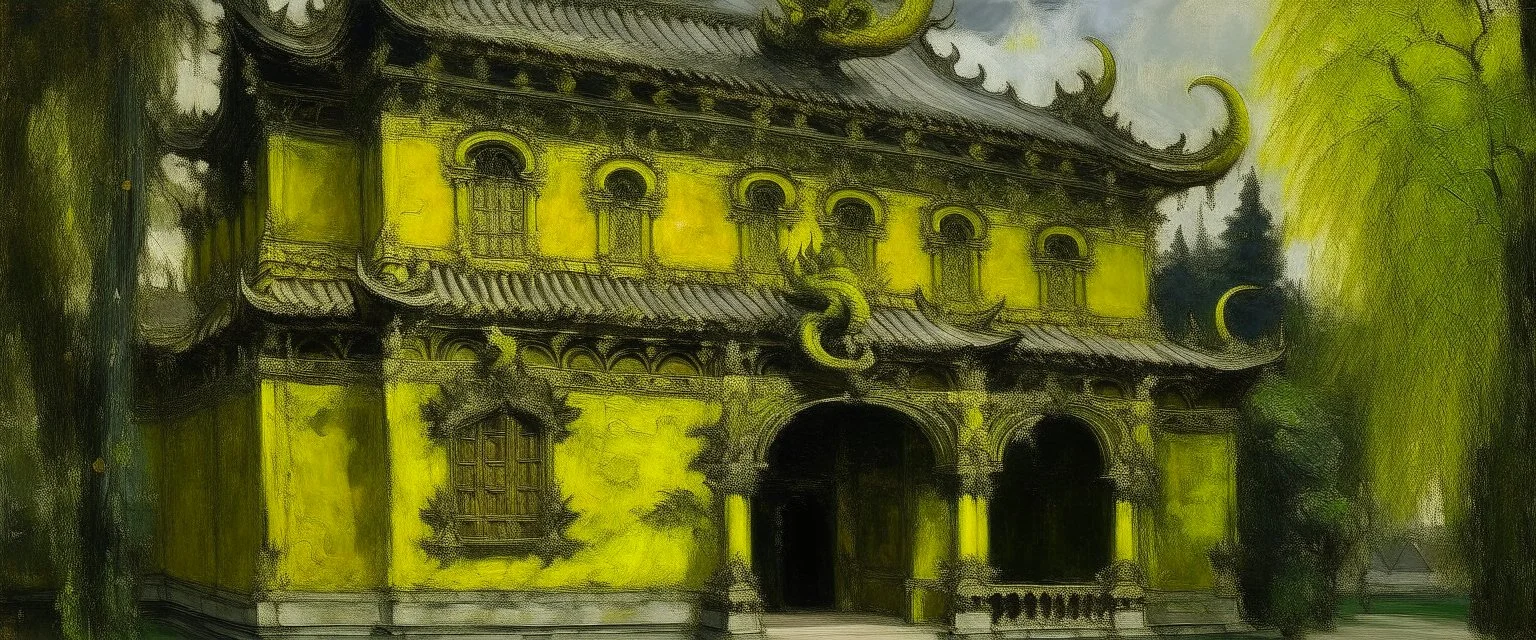 A dark grayish yellow Chinese dragon palace in daylight painted by Claude Monet