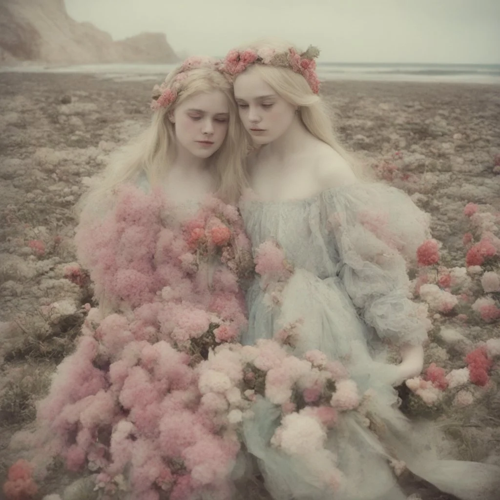 Elle fanning and dakota fanning as flowers, on the beach, autochrome