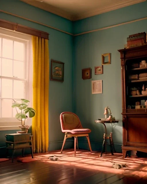 Room scene, Wes Anderson style, alligator on floor, concept art, smooth, unreal engine 5, god lights, ray tracing, RTX, lumen lighting, ultra detail, volumetric lighting, 3d.