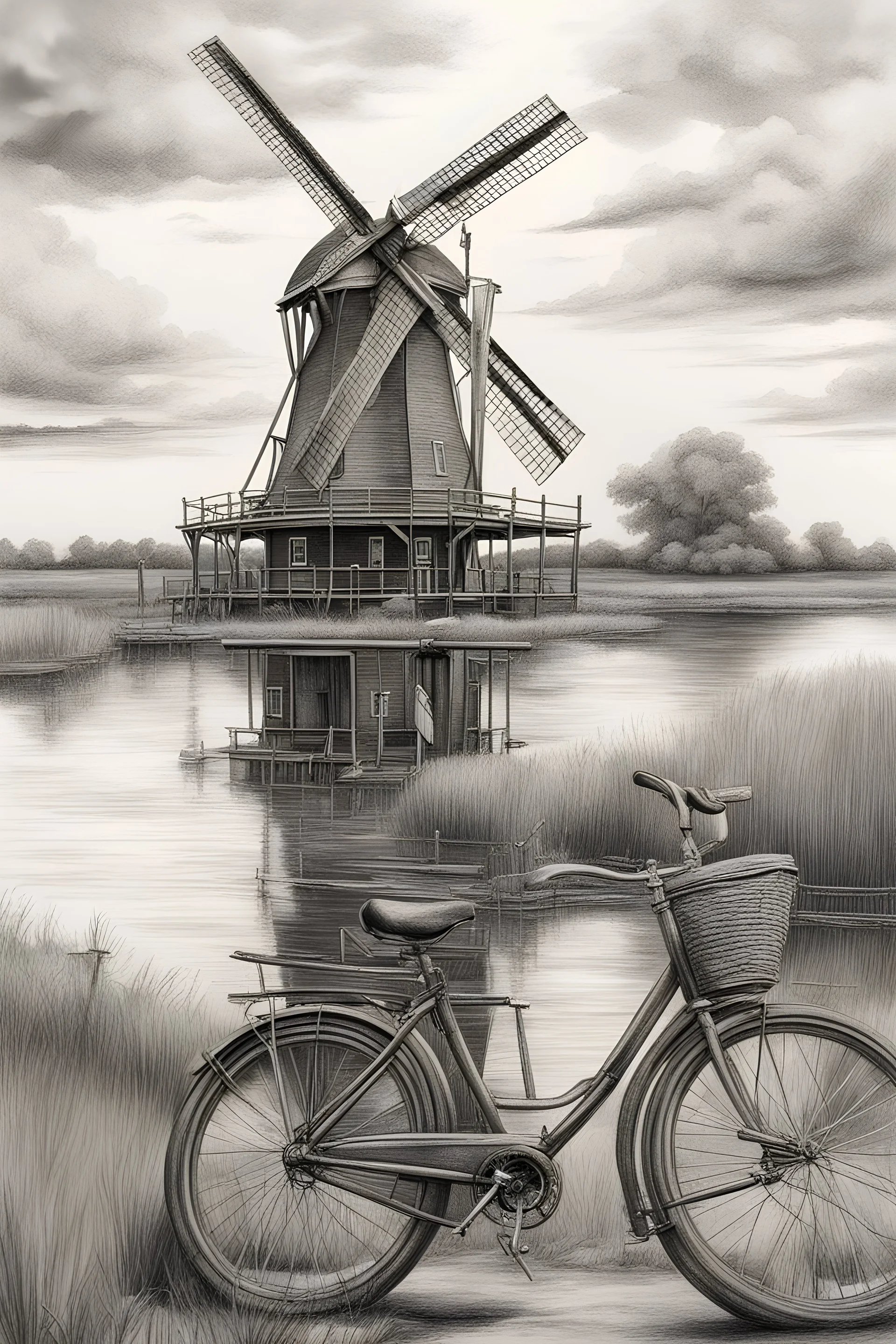 A realistc drawing black and gray with very defined details of a dutch windmill and a bike