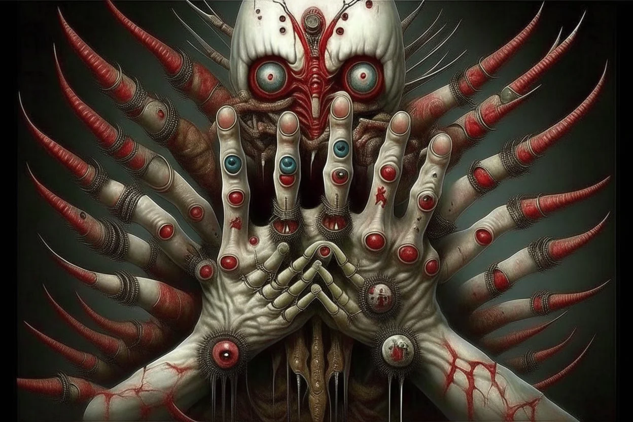 thousand creepy fingers and thousand creepy eyes in artistic form by Chet Zar and Anton Semenov and Michael Hussar spine-chilling mind-bending in a style of Dec-Art thousand opened eyes - XENO digital art All in one : hyper realistic fantasy eerie fusion of monster and earthworm JIM and Clownfish and Grumpy Cat and alien into one with a thousand creepy fingers, levitating, albino, sharp digital painting, video game digital art, anthropomorphic space shark, trevor phillips, cute little troll,