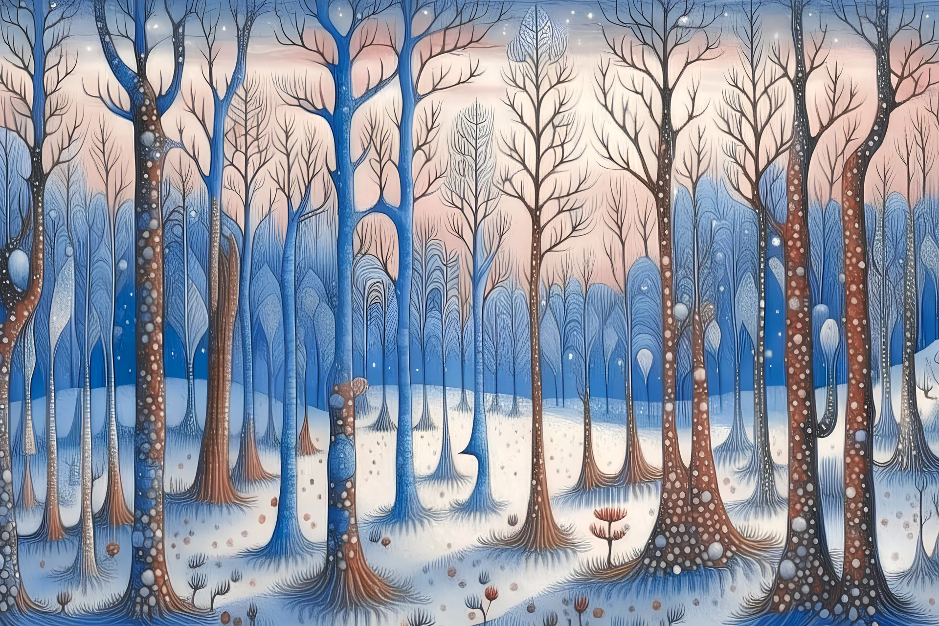 Winter trees, Elegant, fantasy, intricate, very attractive, beautiful, watercolor, mystic, Paul Klee, art deco, Tim Burton, Yacek Yerka, Deep, Dee Nickerson, funkelnd, very deep, glitzernder, Schnee, spirit in the sky