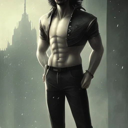 Male, Human, dark long hair, Black Eyes, Young, Photorealism, Full Body Shot, City Background, sharp focus, dark, black, steampunk