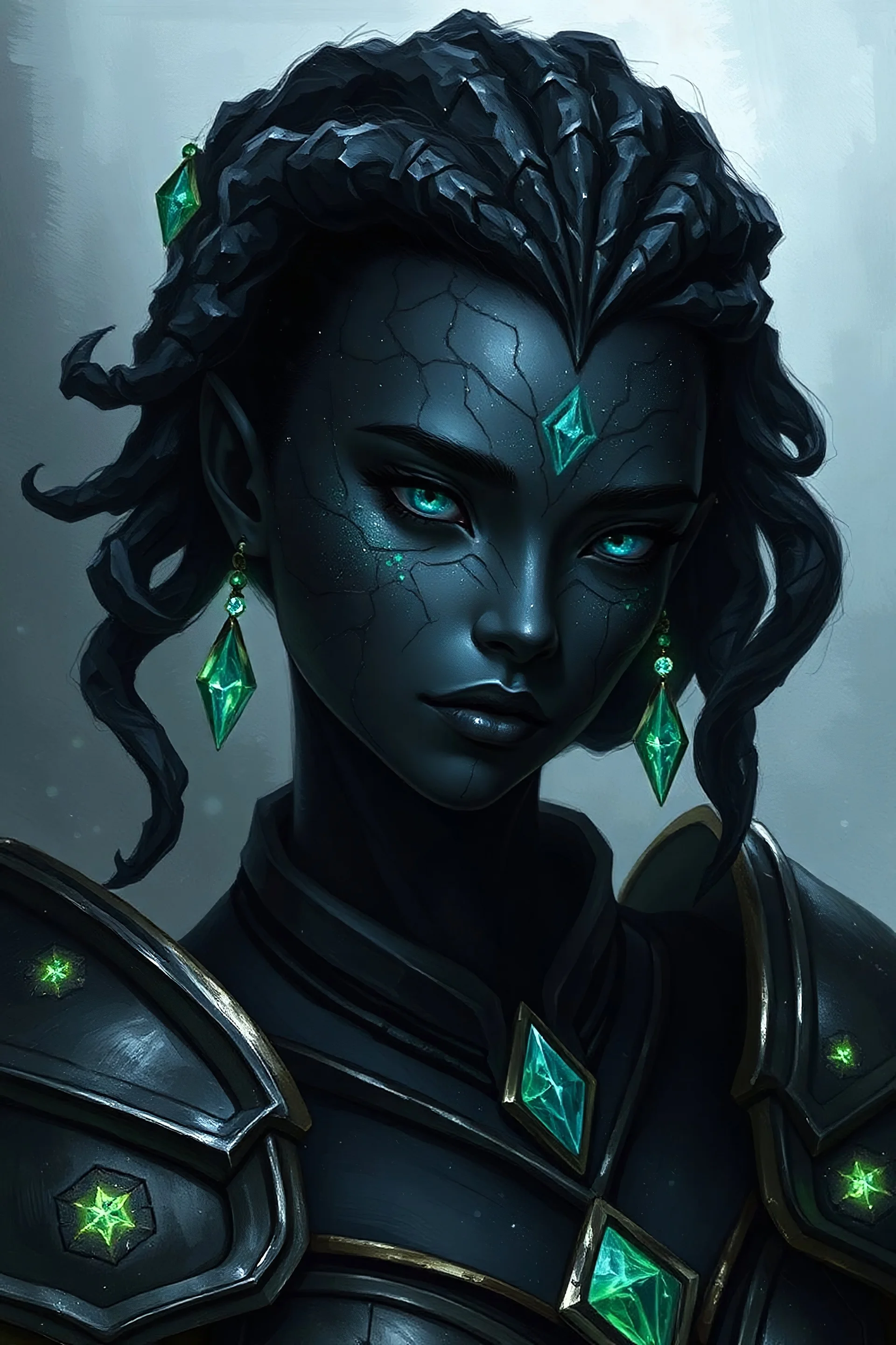 Please generate a female earth genasi for D&D. She should have dark, charcoal black-colored skin with glittering sparkles like gem dust. She should have lines marking her skin like cracks, showing glimmering gem-like veins and a faint glow. Her hair should appear carved from crystals. She should be in her mid-20s and fully-clothed in heavy armor.