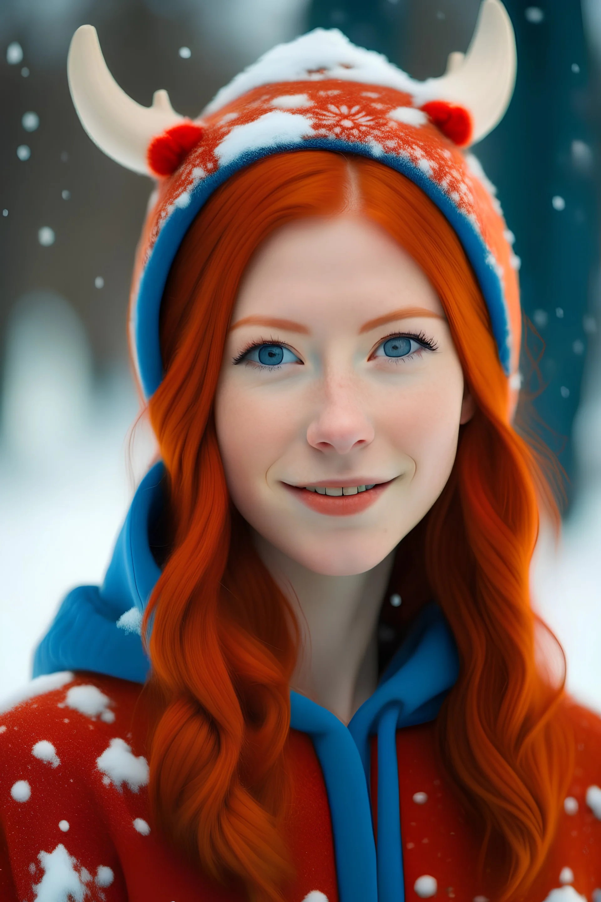 red haired girl in a tawny reindeer onesie blue eyes snowy background