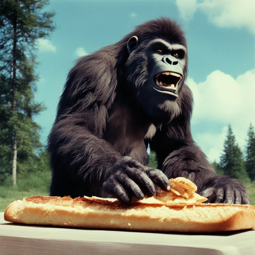 big foot eats a Soft Bread “American Sandwich” Harry’s [vintage style noisy scratches glitches, Shot the texture and then rewound the film and double exposed from a 1970 B series movie]