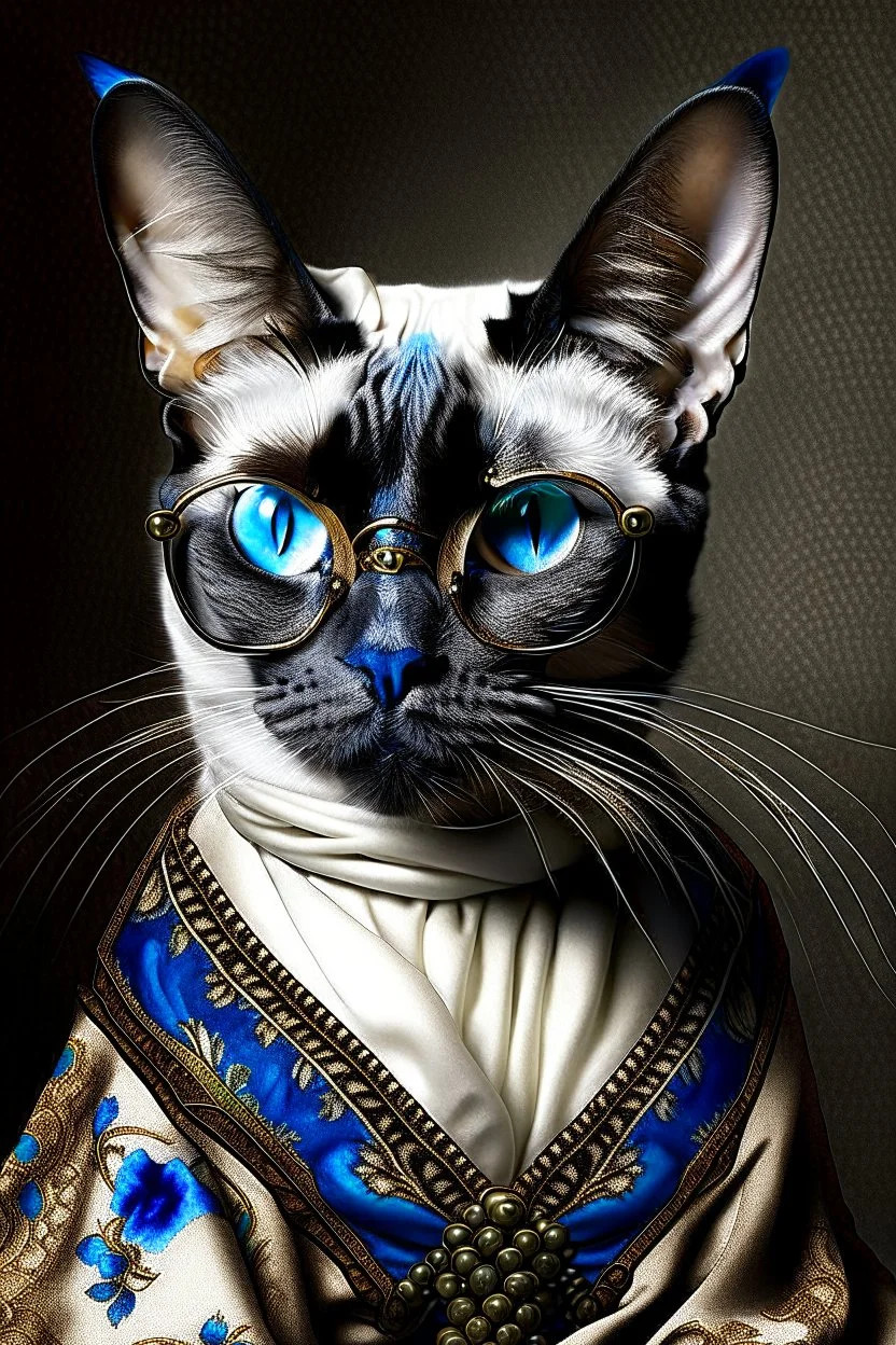 Prompt: the real awesome Siamese Cat queen in regals wearing reading glasses portrait 1600s