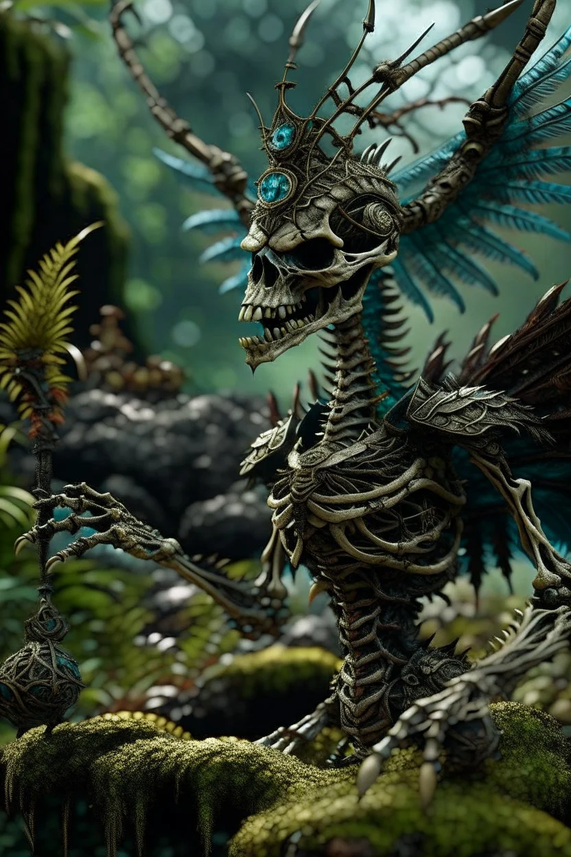 terrifying winged lich skeleton dragon with rattle snake head in deep swampy jungle, in the style of fantasy movies, photorealistic, shot on Hasselblad h6d-400c, zeiss prime lens, bokeh like f/0.8, tilt-shift lens 8k, high detail, smooth render, unreal engine 5, cinema 4d, HDR, dust effect, vivid colors