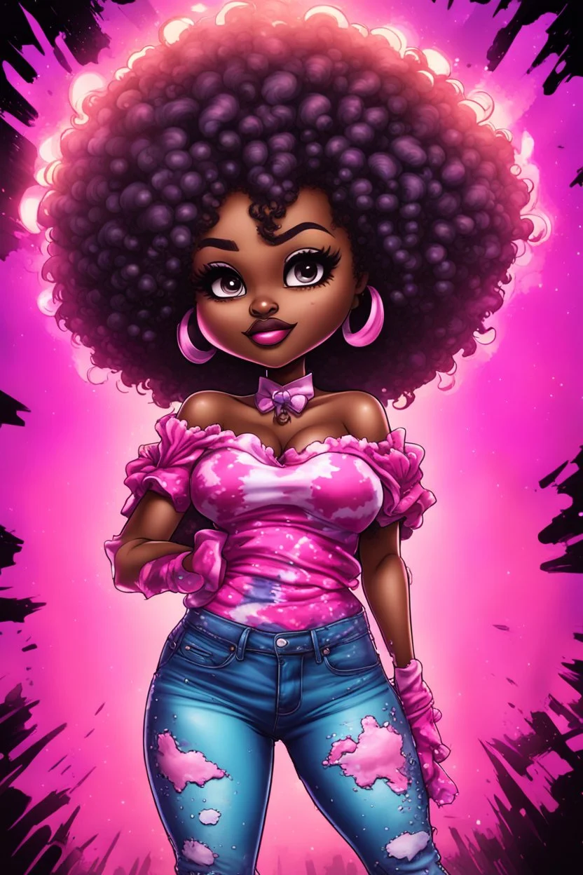 vibrant psychedelic comic book image, airbrush, 48k, cartoon art of a chibi curvy black female wearing torn jeans pants and a pink tie dye off the shoulder blouse. Prominent make up with lush lashes. Highly detailed sleek wavy afro