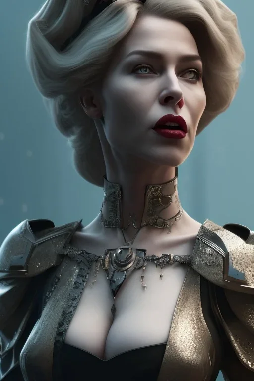 Hannah Waddingham, Rebecca Welton, as evil queen in black leather, busty, cleavage, dominatrix, curvy, angry, stern look. unreal 5, octane render, cinema4d, dynamic lighting, dramatic lighting, 4k, redshift render, highly detailed, hyper realistic,anthropomorphic black wolf long