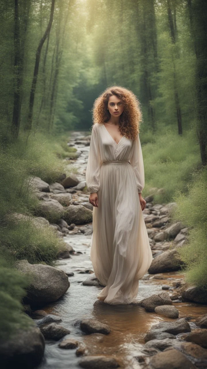 a very beautiful lady curly hair, walks in the forest with a narrow river with clean water and nice rocks on floor. The trees and wild flowers .