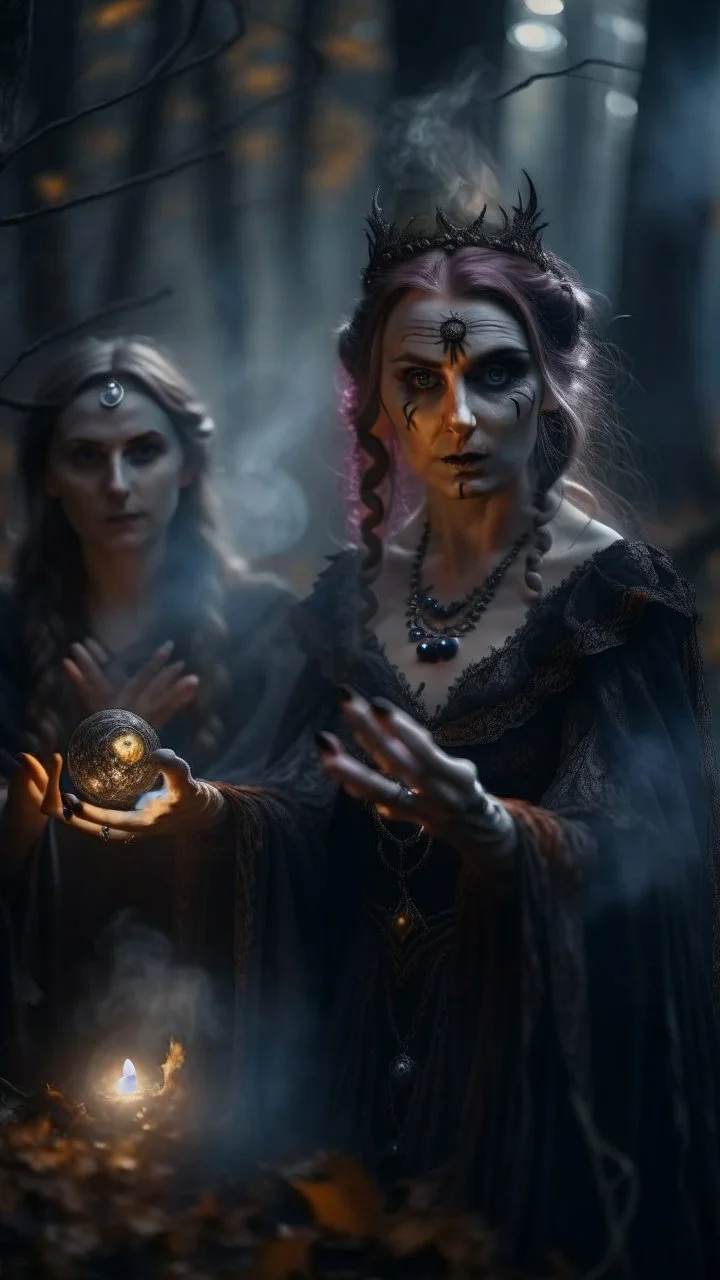 close up portrait of merciless medieval countess and her creepy sister in big eyed trance, clawed hands, full moon, swirly mist,autumn wind, performing arcane invocation ritual of smoke demon with immense power on luminous stone altar in dark forest grove, shot on Hasselblad h6d-400c, zeiss prime lens, bokeh like f/0.8, tilt-shift lens 8k, high detail, smooth render, down-light, unreal engine, prize winning