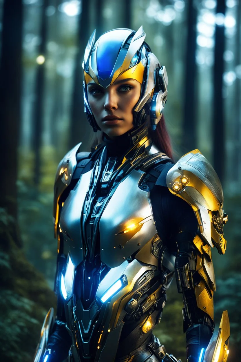 Facing Front night Photography Ultra Realistic High Details,Natural Beauty,Beautiful Angel Pretty woman cyborg mecha cybernetic futuristic warframe armor metallic chrome,Helmet futuristic,in Magical Forest,full of lights colors,glowing in the dark, Photography Art Photoshoot Art Cinematic,Soft Blur Colors, sci-fi concept art