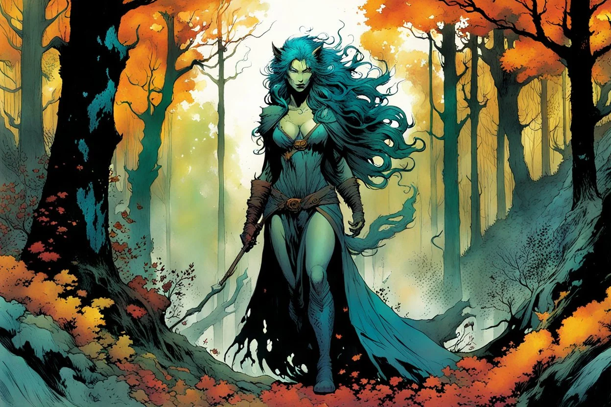 create a wildly conceptual full body print illustration of a feral wolven sorceress with highly detailed hair and feminine facial features, in an ethereal, otherworldly ,ancient autumn forest , in the comic book art style of Bill Sienkiewicz, Mike Mignola, Sparth, and Jean Giraud Moebius, finely drawn, colored, and inked, suffused with dramatic natural light and shadow of sunset