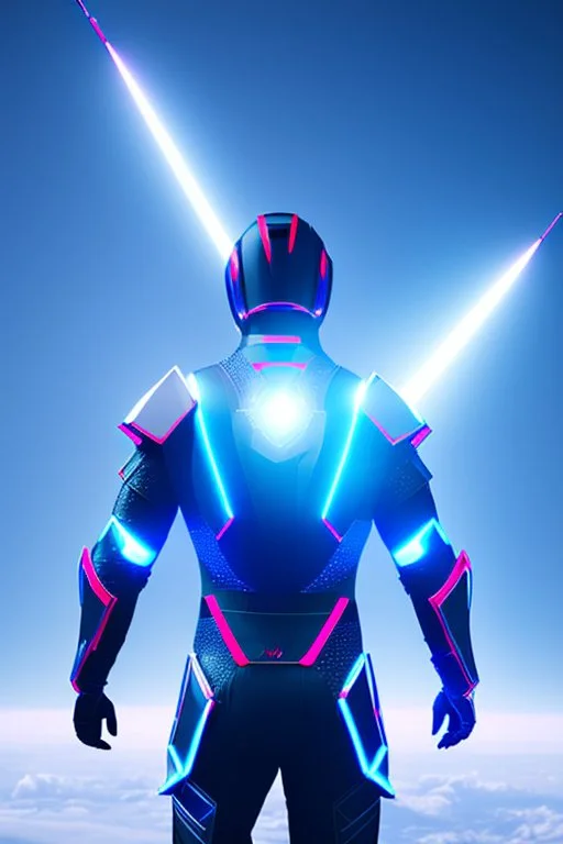 neon blue, floating triangle of light orbiting behind the back, cyber armor, geometric patterns on armor, male, orbiting triangle