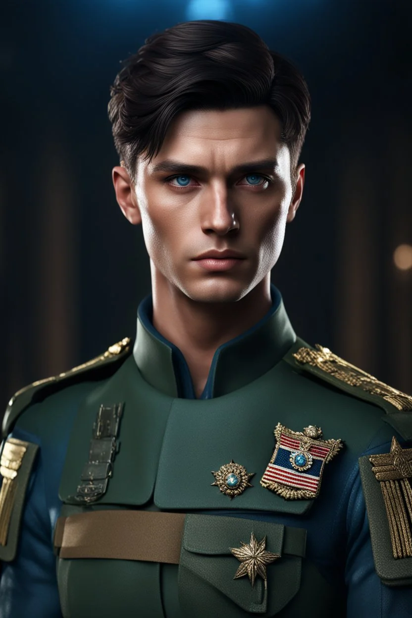 27 year old male with short dark hair and blue eyes standing with his arms folded, wearing military uniform , photorealistic, 4k, dark fantasy