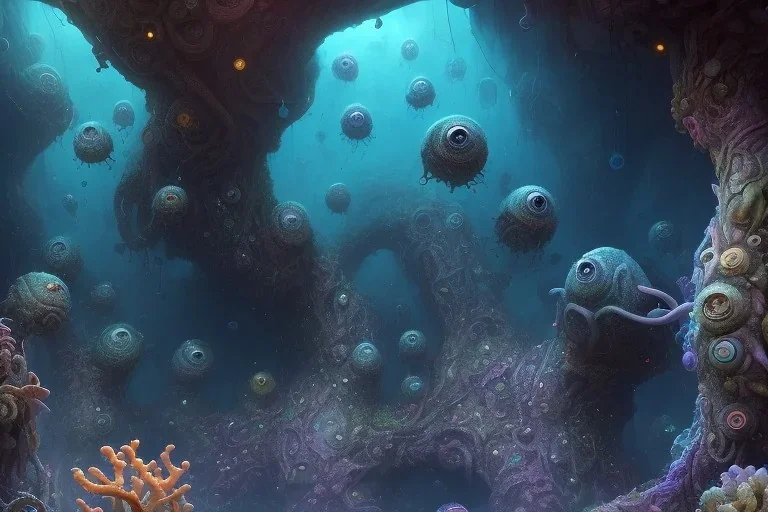 of a colorful deep sea cave with strange cute friendly happy creatures with huge eyes, mouth, long tongue and round teeth appearing from sandy coral, in the style of gehry and gaudi, macro lens, shallow depth of field, ultra detailed, digital painting, trending artstation, concept art, illustration, cinematic lighting, photorealism, epic, octane render