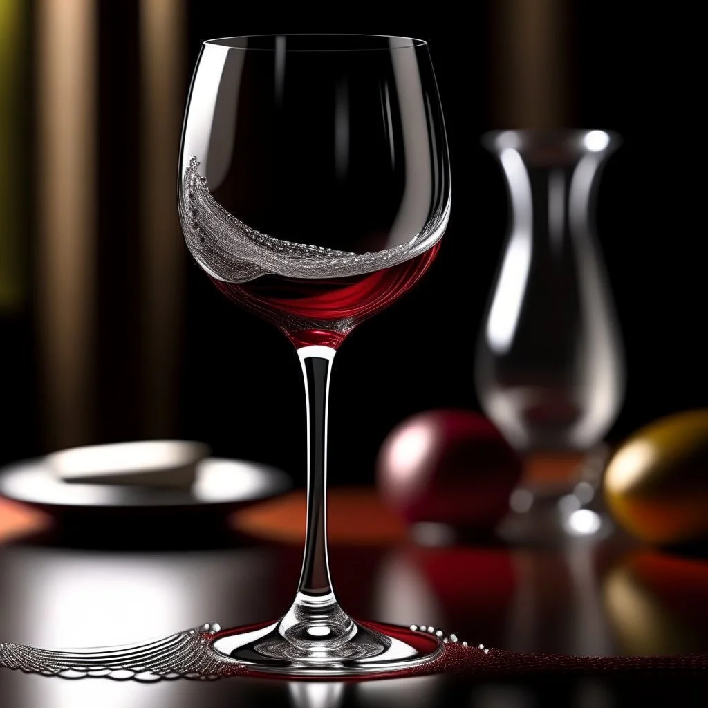 Design an intriguing scene where a wine glass is elegantly bending, as if it's made of a flexible material, while red wine flows gracefully from it, ultimately pouring onto the ground. The wine should form an artistic and captivating pattern as it cascades downward. Ensure that the visual captures the unique and captivating moment of the flexible glass and the flowing wine, making it a focal point of the scene