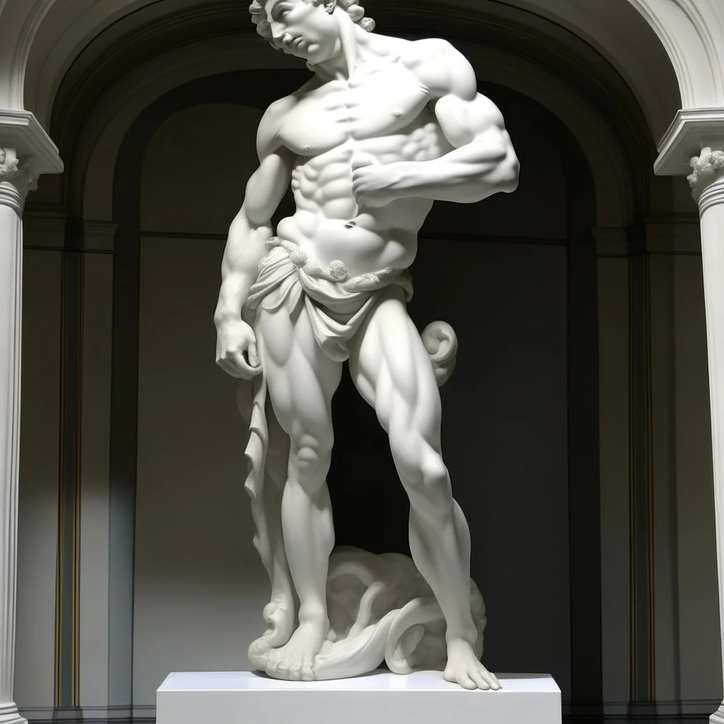 person, showering, whole body, facing front, waist down, in style of michelangelo