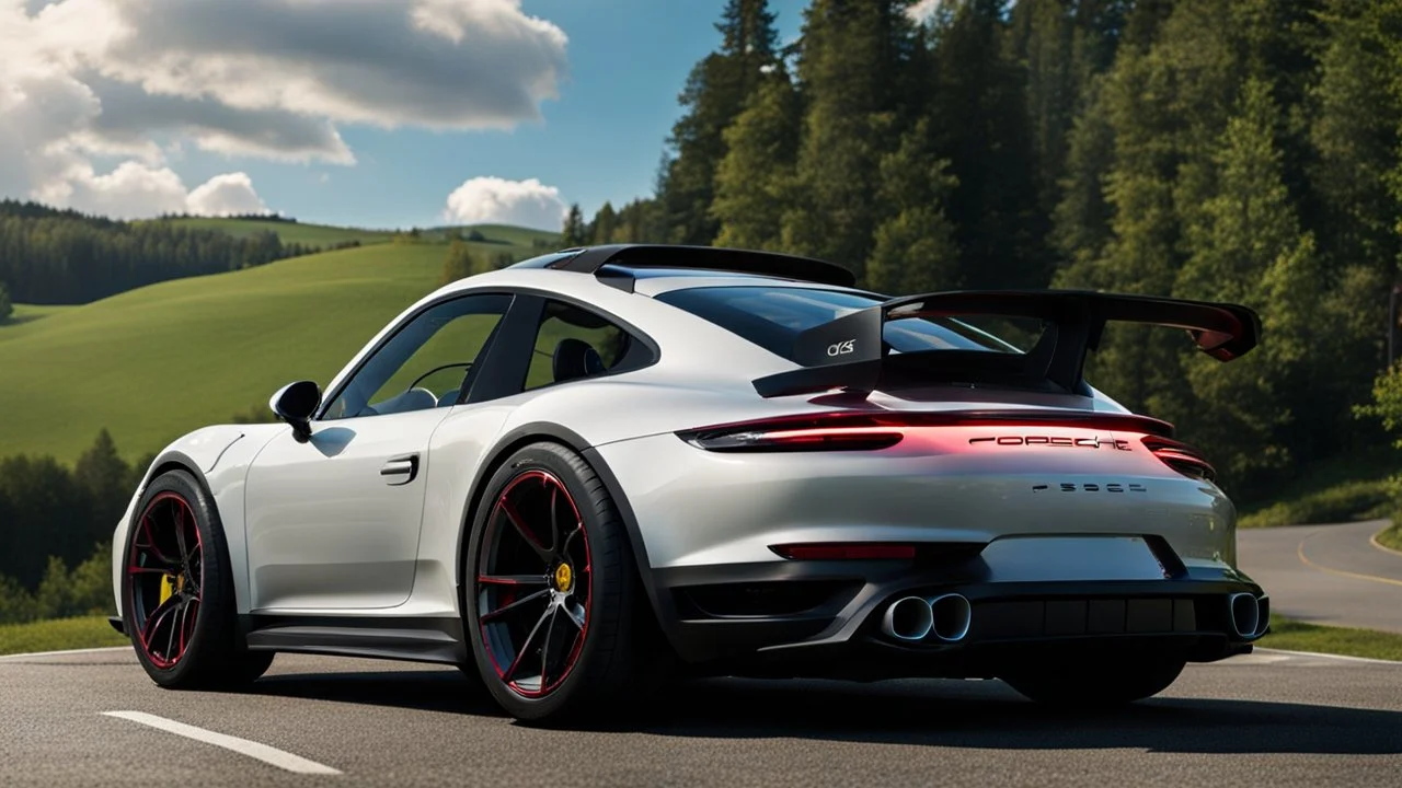 A sleek rear view of (((a cross of porsche and jesko))), on street, with hill and trees around, a beautiful clouds and sunny weather, 4K, Superdetailed, No mistakes