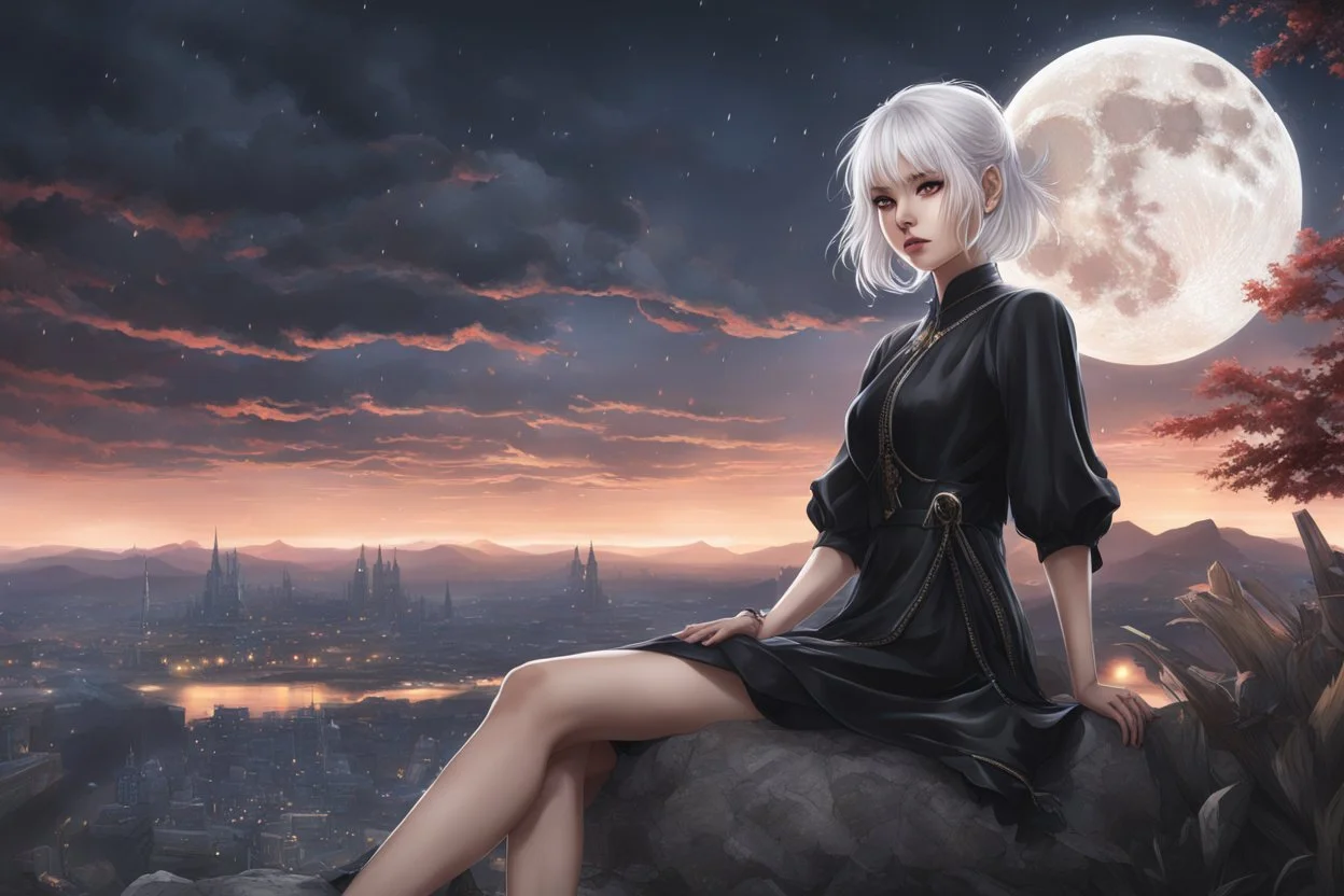 girl in 8k realistic anime drawing style, short white hair, fantasy world, moon, black dress, rain, highly detailed, high details, detailed portrait, masterpiece,ultra detailed, ultra quality