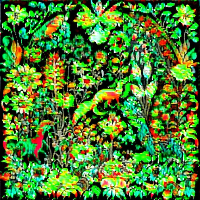 Illustrate a vibrant garden blooming with diverse flora and fauna, representing creativity and inclusivity. Show different species of plants and animals coexisting harmoniously, symbolizing the value of diversity and inclusion in fostering creativity. Rosemaling style