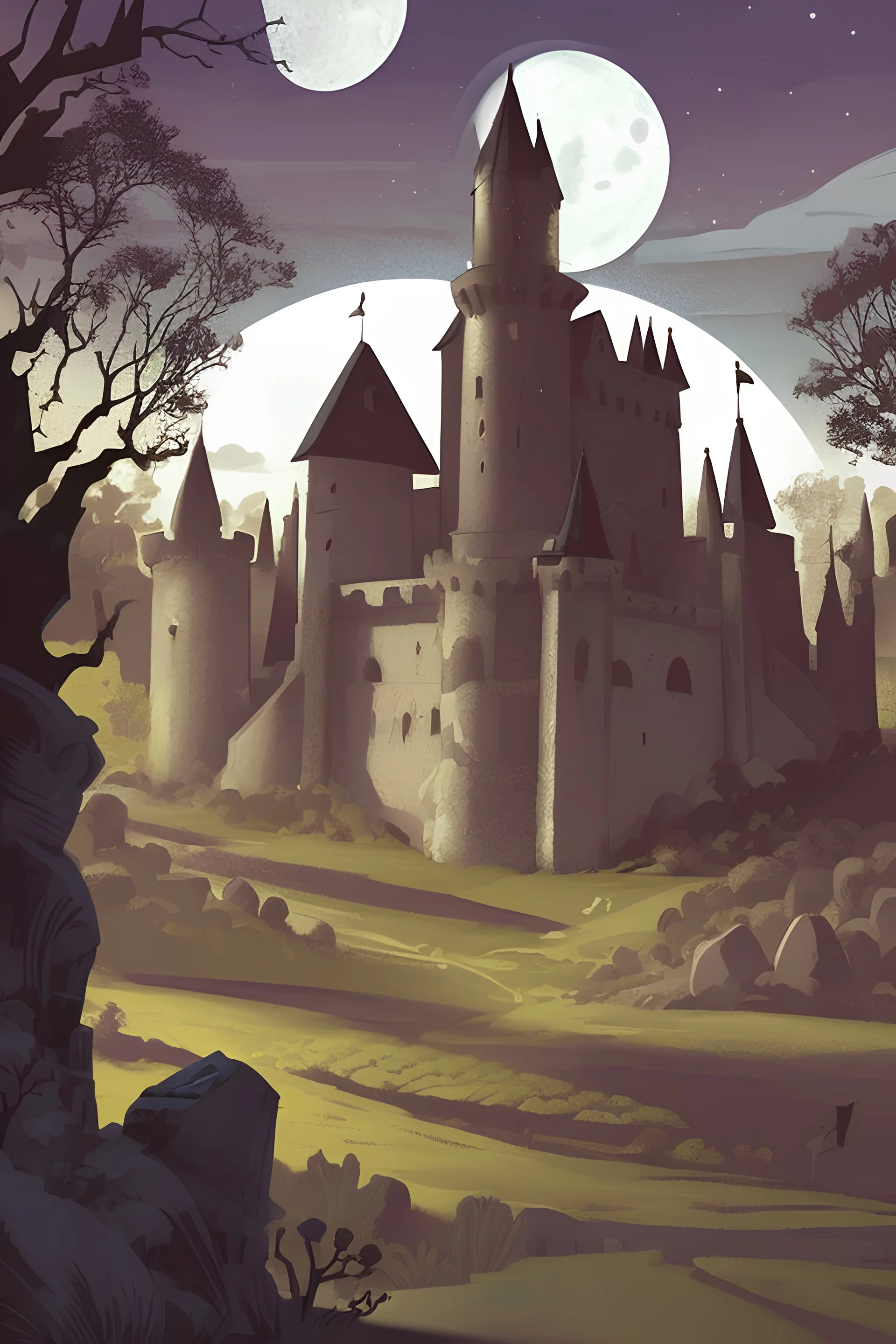 Illustrate a charming and whimsical haunted castle scene with stony walls, all surrounded by a moonlit sky