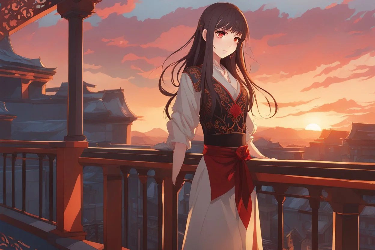 woman with long brown hair, red eyes, pale skin, highly detailed, intricate background, intricate face, standing on a balcony during sunset, contemplative, anime style, Genshin Impact inspired, dynamic composition, pyro vision bearer