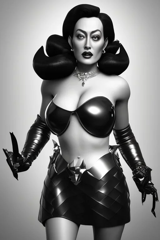 Joan Crawford as evil queen in black leather, busty, cleavage, dominatrix, curvy, angry, stern look. unreal 5, octane render, cinema4d, dynamic lighting, dramatic lighting, 4k, redshift render, highly detailed, hyper realistic,anthropomorphic