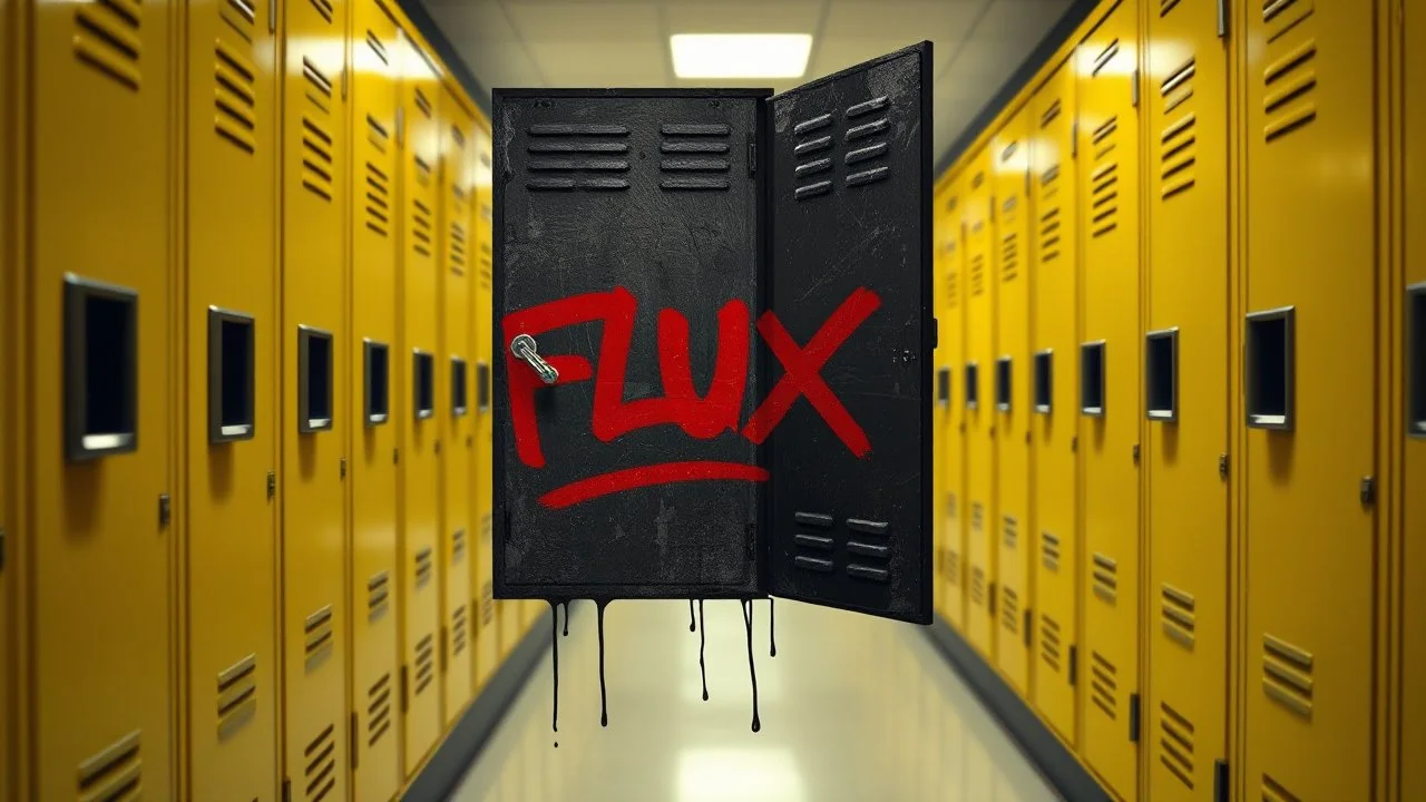 a photograph of a row of yellow school lockers in a hallway, but one of the lockers is juxtaposed as dented, black, with messy spraypaint graffiti red text "FLUX" with a slight drip of brackish water dripping below the door, concept art, hyperreal