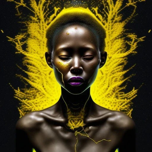 a brain exploding. kintsugi. Chaos. Portrait of a young black woman crying.a mind fracturing.confusion. Tears the colour of oil. Depression seeping out of her eyes nose and mouth like a oil spill