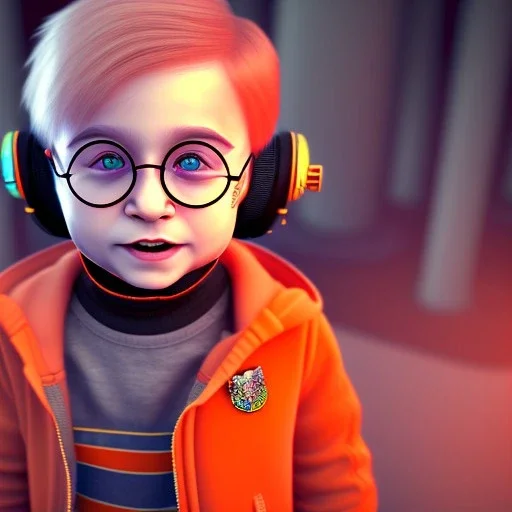 Harry Potter toddler, smile, cyberpunk headphone, sunglass, gangsta neckless, full body, orange puffer jacket, tokio background, dramatic lighting, hyper realistic, unreal engine 5, 16k