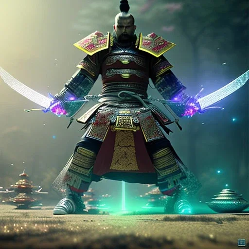 A portrait of a crystalised robot samurai with yakuza tatu, atmospheric, aggressive design, realistic, unreal engine cosmic galactic, cinematic lighting, octane render, random colours, transparent, cosmic ambience, masterpiece, art by Yoji Shinkawa, composing fit inside, masterpiece, unreal engine