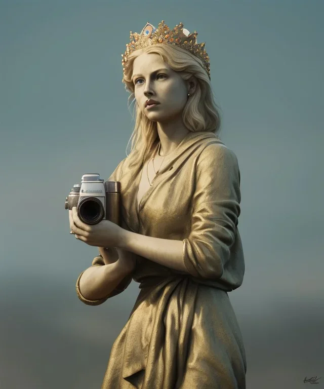 Statue of Queen of photography. Cute blonde woman. Photographer in golden crown. Standing on the street. Big camera in her hand. hyperdetailed, photorealistic, trending on artstation, greg rutkowski, beksinski, kodachrome