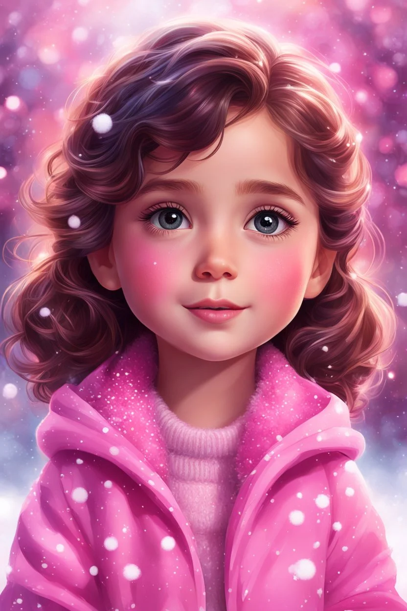 Digital painting of a cute little girl in a stylish pink jacket, front view, Anna's face, dark wavy hair, hazel eyes, rosy cheeks, pink lips, Disney art, snowfall, colorful bokeh background, digital painting style, High Quality, 4k