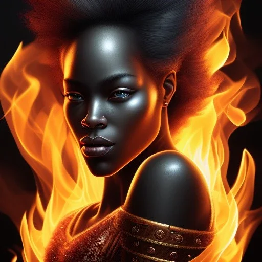 3D. Detailed Painting .realistic. Dark skin women. Beautiful. the faces of two young black women. Warm. Fire nymphs emerging from the flames.red.. Energy. Focus. THeir hair looks like smoke .smoke curling. Dreadlocs. Their skin is the colour of charcoal . Their hair moves like smoke. . their clothing is made of flames, red. Orange. Yellow. White and gold