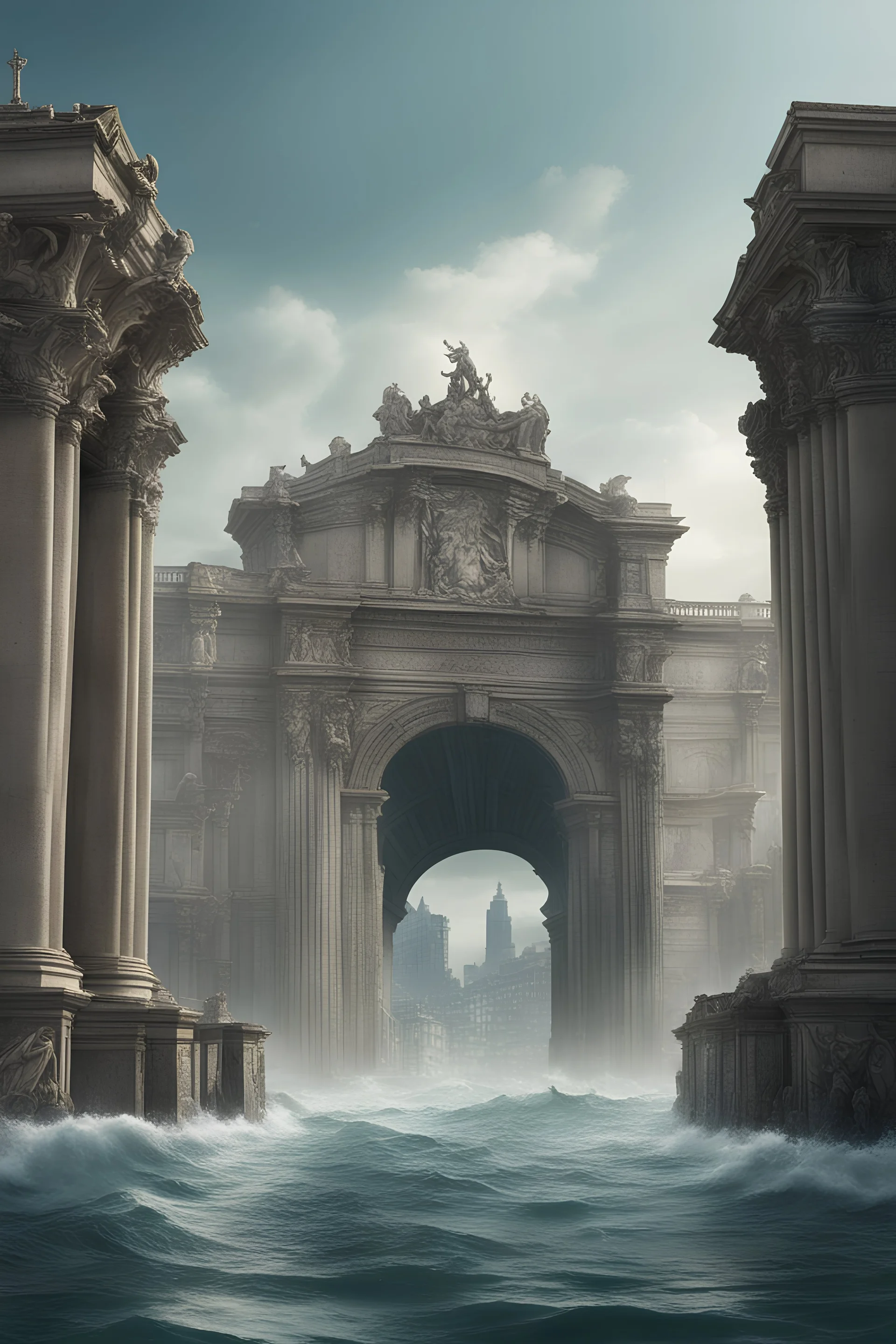 Genova sommersa dalle acque del Mediterraneo in un futuro distopico, sullo sfondo arco di trionfo.
