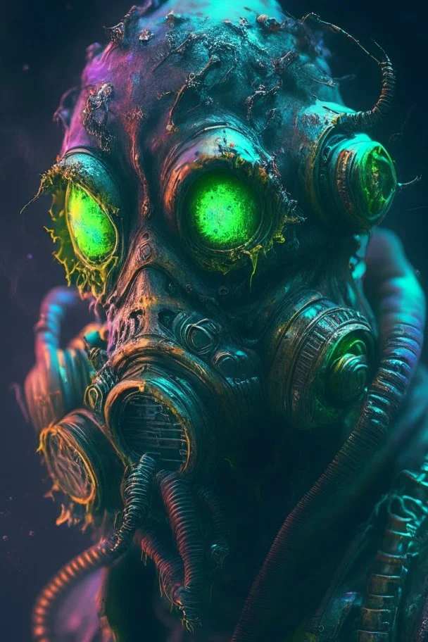 Humanoid emo zombie mutant gas mask alien,FHD, detailed matte painting, deep color, fantastical, intricate detail, splash screen, complementary colors, fantasy concept art, 32k resolution trending on Artstation Unreal Engine 5