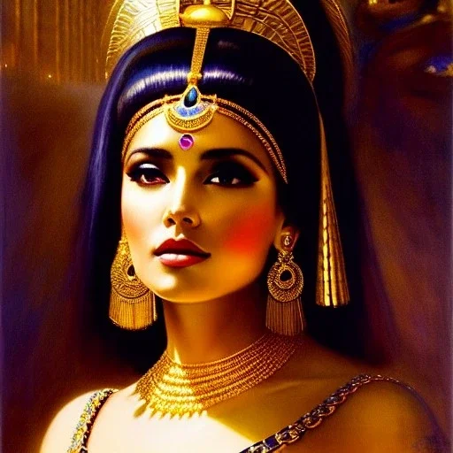 Drawing of beautiful face,busty 'cleopatra',throne,hieroglyphics,balanciaga fashion clothe painting by gaston bussiere, greg rutkowski, yoji shinkawa, yoshitaka amano, tsutomu nihei, donato giancola, tim hildebrandt, oil on canvas, cinematic composition, extreme detail,fit full head inside picture,16k