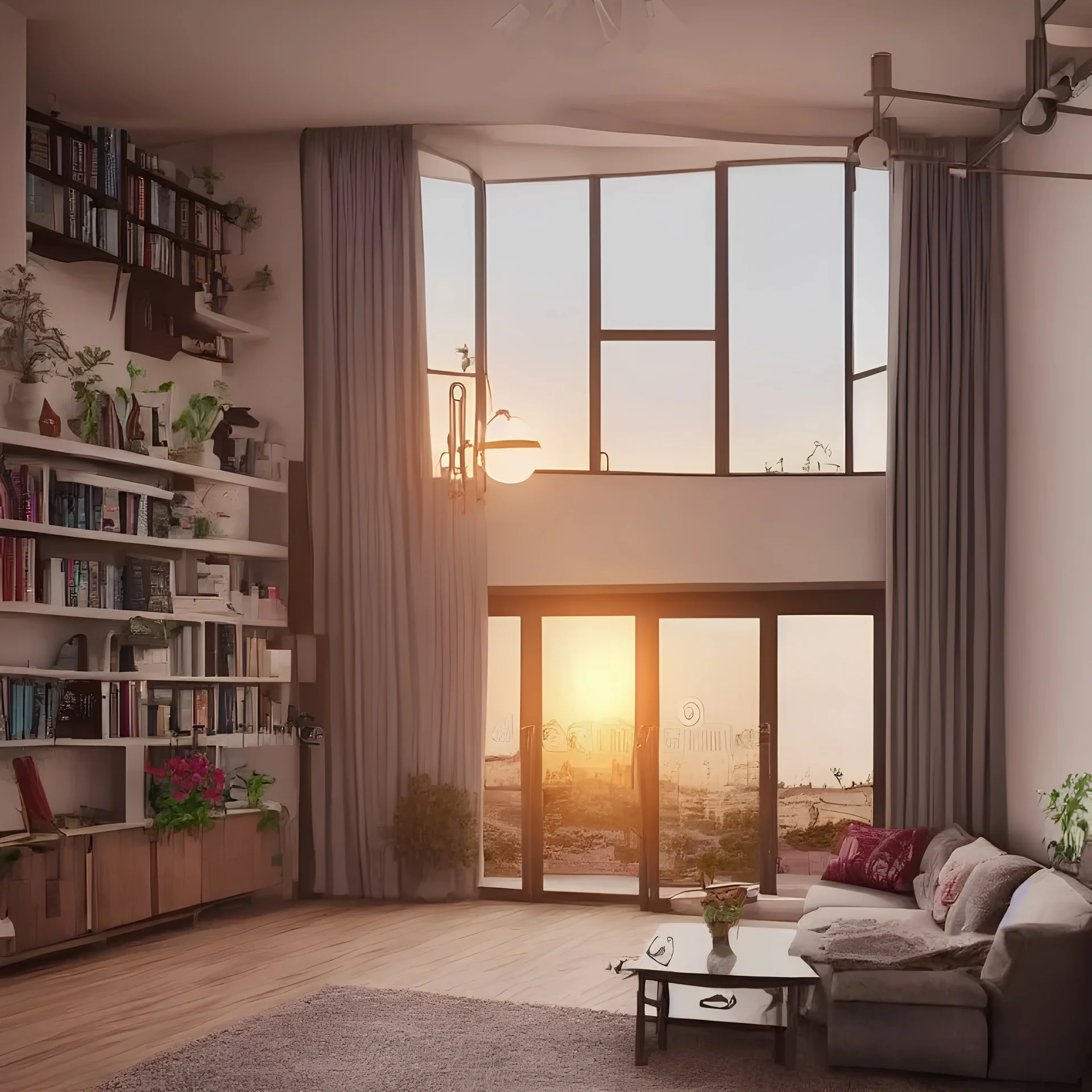 beautiful house inside living room, Illustration drawing style, around Sunset, 3D render drawing style, around Sunset