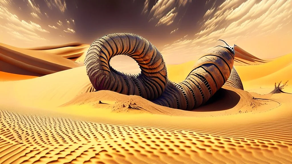 In the desert in the dunes a large sandworm full screen