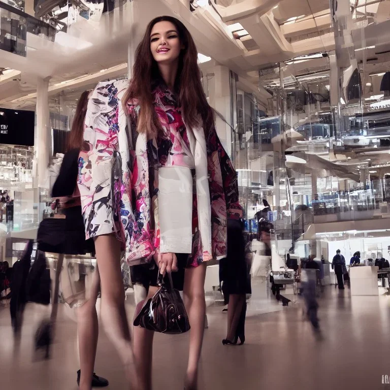 photo of a young beautiful fashion model wearing high fashion clothes posing and smiling on the dow jones trading floor with bankers busy working in the background, balenciaga, photorealistic, colourful, high contrast, dow jones, trading floor, fashion photography, high resolution, 8k, hard light, gen z, wide angle lens