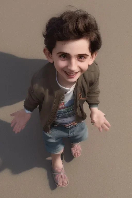 Timothee chalamet toddler, full body, jump, bokeh, hyper realistic