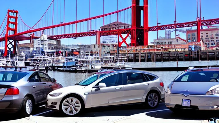 A Tesla's 'Model S Plaid' is parked, over the 'Pier 39', in San Francisco. CINEMATIC. WIDE ANGLE LENS.