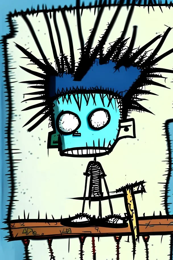 2d drawing of a stickman, cool with punk hair, x eyes like in hangman, driving a porch, 3d realistic in colour