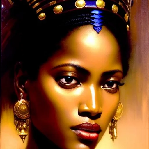 portrait beautiful face African female warrior,busty,ancient metal armor balanciaga fashion clothe painting by gaston bussiere, greg rutkowski, yoji shinkawa, yoshitaka amano, tsutomu nihei, donato giancola, tim hildebrandt, oil on canvas, cinematic composition, extreme detail,fit full head inside picture,16k