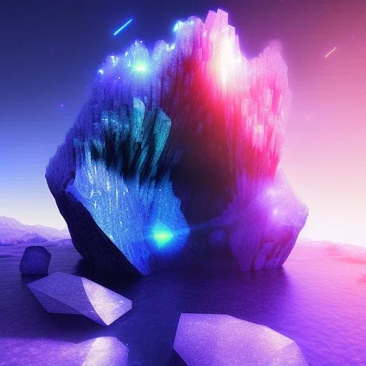 photograph of a (one massive colorful crystal:1.2) growing out of the rocky mountain, (focus on crystal:1.2), 4k, 8k, (highly detailed), ((landscape)),(translucent crystal:1.1), light going trough the crystal, bokeh, chromatic aberration, mountain view,