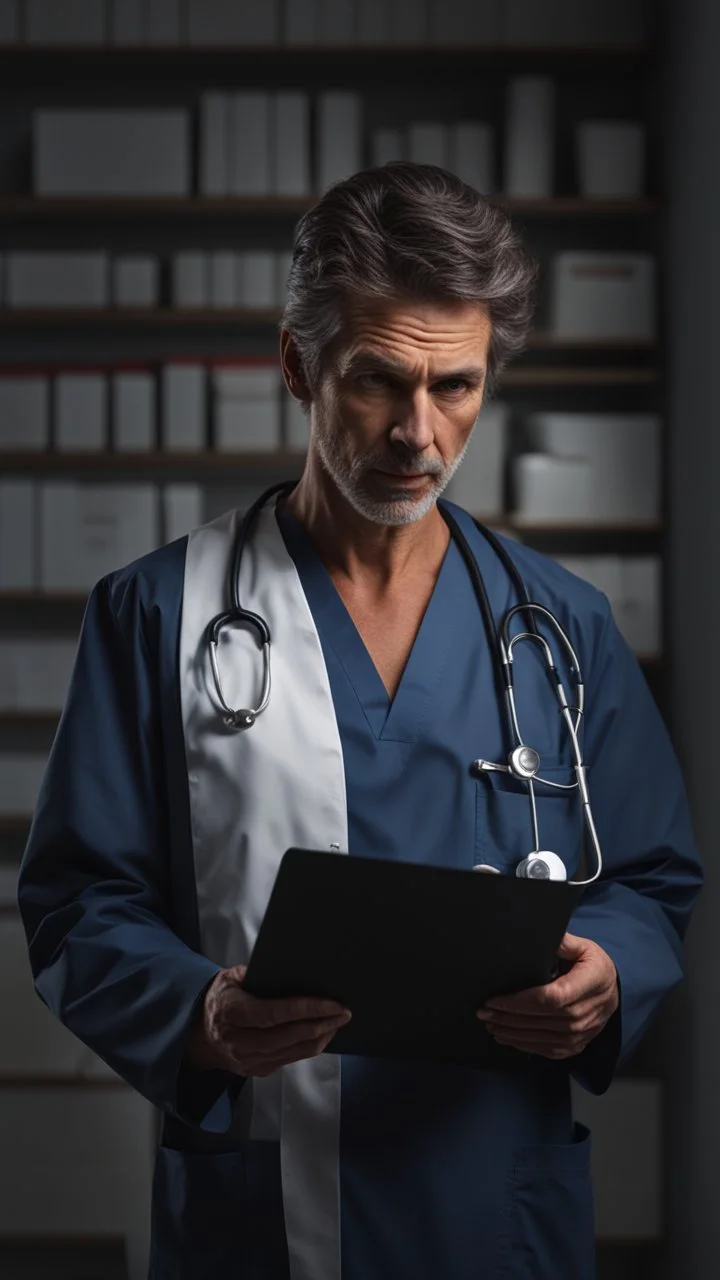 photorealistic hyperdetailed portait of a doctor holding a clipboard and frowning